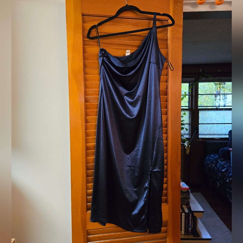 Romwe Women's Cocktail Dress, Blue Shiny, XL, One Shoulder